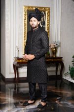 Black Cut Dana Work Sherwani - Image 4