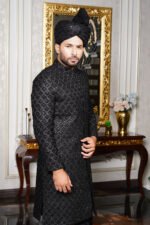 Black Cut Dana Work Sherwani - Image 5