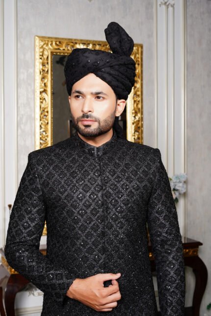 Black Cut Dana Work Sherwani