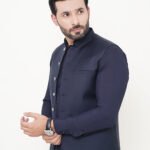 Dark Blue Plain Waistcoat by Azlan Shahzad
