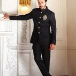 Black Prince Coat with Front Motif by Azlan Shahzad