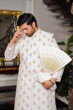 White Golden Sherwani - Image 9