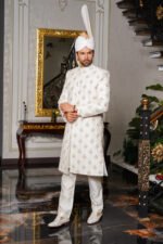 White Golden Sherwani - Image 11