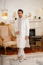 Off-White Textured Prince Coat with Silver Zardozi Border Set - Image 14
