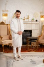 Off-White Textured Prince Coat with Silver Zardozi Border Set - Image 4
