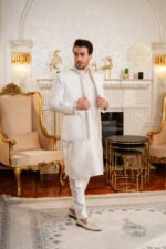 Off-White Textured Prince Coat with Silver Zardozi Border Set - Image 13