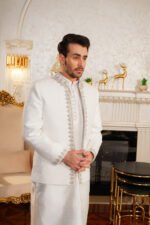 Off-White Textured Prince Coat with Silver Zardozi Border Set - Image 11