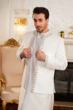 Off-White Textured Prince Coat with Silver Zardozi Border Set - Image 8