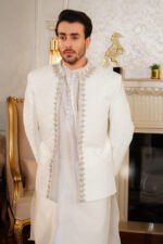 Off-White Textured Prince Coat with Silver Zardozi Border Set - Image 7