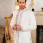 Off-White Textured Prince Coat with Silver Zardozi Border Set