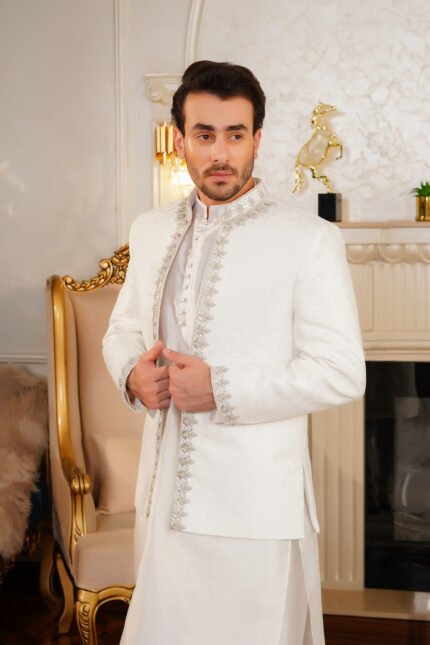 Off-White Textured Prince Coat with Silver Zardozi Border Set