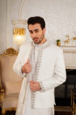Off-White Textured Prince Coat with Silver Zardozi Border Set - Image 5