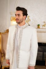 Off-White Textured Prince Coat with Silver Zardozi Border Set - Image 3