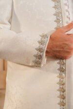 Off-White Textured Prince Coat with Silver Zardozi Border Set - Image 9