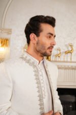 Off-White Textured Prince Coat with Silver Zardozi Border Set - Image 2