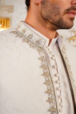 Off-White Textured Prince Coat with Silver Zardozi Border Set - Image 10