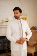 Pure White Self-Print Prince Coat Suit - Image 9