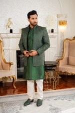 Forest Green Diagonal Sequin Prince Coat – Designer Men’s Open-Style - Image 4