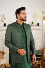 Forest Green Diagonal Sequin Prince Coat – Designer Men’s Open-Style - Image 5