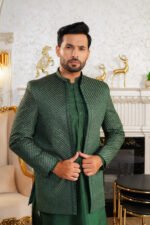 Forest Green Diagonal Sequin Prince Coat – Designer Men’s Open-Style - Image 6