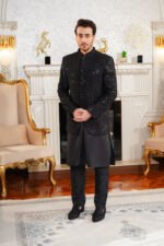 Black Embroidered Prince Coat with Jamawar Detailing - Image 2