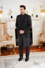 Black Embroidered Prince Coat with Jamawar Detailing - Image 3