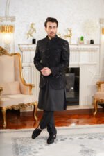 Black Embroidered Prince Coat with Jamawar Detailing - Image 4