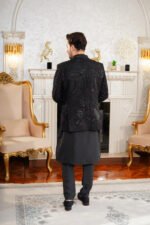 Black Embroidered Prince Coat with Jamawar Detailing - Image 5