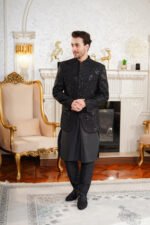 Black Embroidered Prince Coat with Jamawar Detailing - Image 6