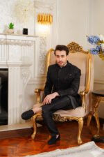 Black Embroidered Prince Coat with Jamawar Detailing - Image 7