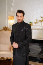 Black Embroidered Prince Coat with Jamawar Detailing - Image 9