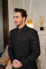 Black Embroidered Prince Coat with Jamawar Detailing