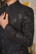 Black Embroidered Prince Coat with Jamawar Detailing - Image 11