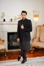 Black Embroidered Prince Coat with Jamawar Detailing - Image 12