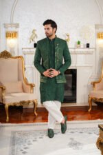 Emerald Green Embroidered Prince Coat & Kurta Set - Image 3