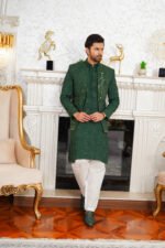 Emerald Green Embroidered Prince Coat & Kurta Set - Image 5