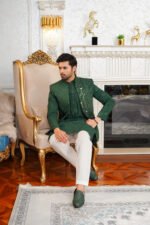 Emerald Green Embroidered Prince Coat & Kurta Set - Image 9