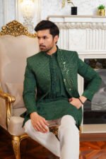 Emerald Green Embroidered Prince Coat & Kurta Set - Image 10