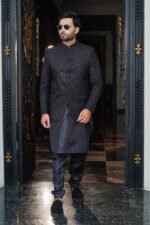 Midnight Black Embroidered Prince Coat with Inner - Image 2