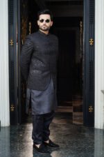 Midnight Black Embroidered Prince Coat with Inner - Image 3