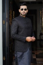 Midnight Black Embroidered Prince Coat with Inner