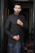 Midnight Black Embroidered Prince Coat with Inner - Image 5