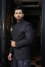 Midnight Black Embroidered Prince Coat with Inner - Image 6