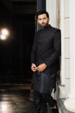 Midnight Black Embroidered Prince Coat with Inner - Image 7