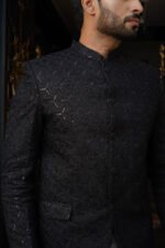 Midnight Black Embroidered Prince Coat with Inner - Image 8