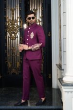 Maroon Embroidered Prince Coat Suit - Image 6