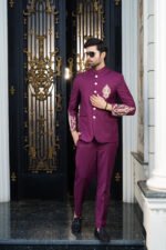 Maroon Embroidered Prince Coat Suit - Image 5