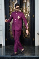 Maroon Embroidered Prince Coat Suit