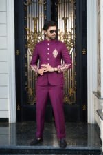 Maroon Embroidered Prince Coat Suit - Image 3