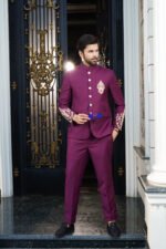 Maroon Embroidered Prince Coat Suit - Image 2